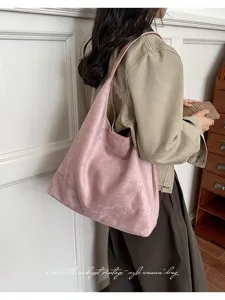 Retro casual large capacity pink solid color tote single shoulder women bag detail view