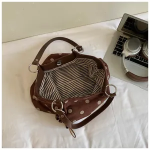 Brown polka dot tote bag large capacity casual shoulder bag stylish commuting handbag.