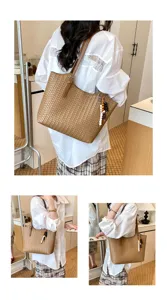 Mujer gran capacidad bolso tote tejido elegante bolso de hombro de cuero pu trabajo