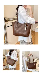 Bolso shopper trenzado marrón para mujer, elegante bolso de hombro grande para trabajo y diario.