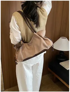 Vintage Brown Suede Shoulder Bag Casual Retro Commuter Tote Women Large Capacity Handbag