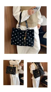 Stylish black polka dot canvas tote bag for women large capacity casual shoulder bag