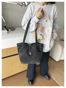 Vintage γυναικεία τσάντα ώμου denim καθημερινή casual τσάντα χειρός με μεταλλική κλειδαριά