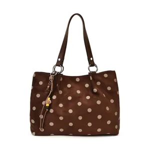 Fashionable brown polka dot tote bag, large capacity shoulder bag for commuting, casual daily use.
