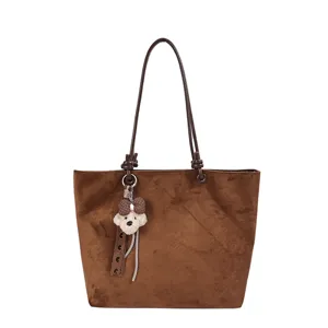Brown suede tote bag for women, stylish large capacity shoulder bag with cute bear pendant.
