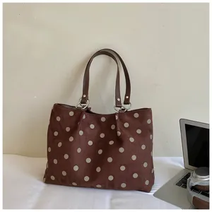 Brown polka dot tote bag, large capacity stylish shoulder bag for daily commuting and casual use.