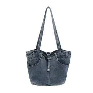 Ρετρό τσάντα ώμου denim για γυναίκες, δημιουργικός σχεδιασμός τσέπης, casual τσάντα.
