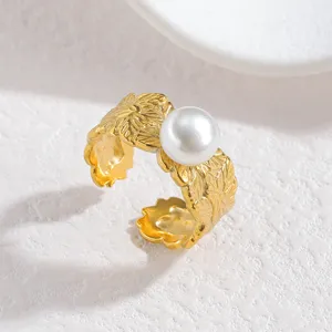 Exquisiter vergoldeter Blätter Perle offener Ring, eleganter Vintage Design Schmuck.