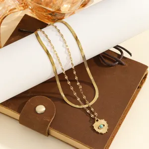Exquisite Stainless Steel Double Layer Necklace Heart Evil Eye Pendant Gold Plated Retro Fashion Jewelry Gift For Women