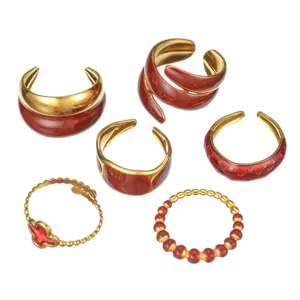Edelstahl roter Emaillierring Set, europäischer und amerikanischer geometrischer Schmuck.