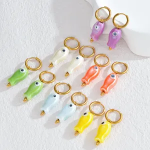 Ceramic fish hoop earrings cute colorful enamel ocean style drop earrings for women daily wear.
