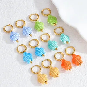 Colorful ceramic turtle hoop earrings, cute marine animal jewelry for women and girls daily wear.