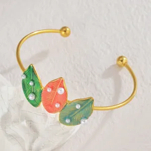 Bracciale Aperto in Acciaio Inossidabile Con Foglie Smaltate Colorate Perle Artificiali Girasole Gioielli alla Moda per Donna