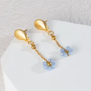 Orecchini pendenti con fiori di perline in acciaio inossidabile, gioielli lunghi dorati.