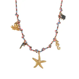 Collana con corda intrecciata colorata e ciondolo stella marina elegante donna