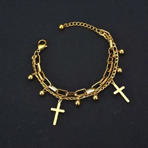 Gold stainless steel double layer cross pendant bracelet with small bead charms for women