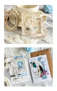 Primo piano di materiale per scrapbooking vintage con cornici in miniatura e biglietti.
