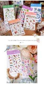 Detailopname van botanische en vlinderoverdrachtsstickers met elegante bloemmotieven.