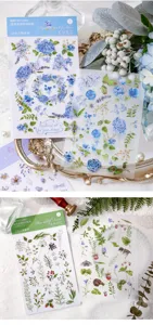 Botanische transferstickerbladen met blauwe hortensia's en bosplanten voor journals.