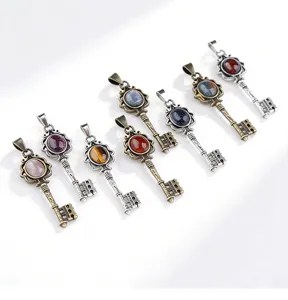 Vintage crystal key pendant necklace retro court style gemstone jewelry accessories set for women.