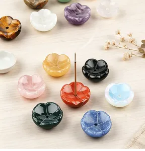 Natural crystal stone lotus incense burner holder, colorful meditation decor base.