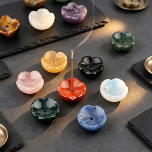 Natural Stone Quartz Crystal Lotus Incense Stick Holder Base Aromatherapy Base Healing Crystals Flower Desktop Zen Ornament Desk Decor