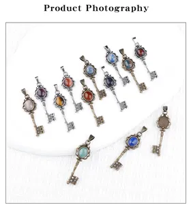 Vintage Key Pendant Natural Stone Necklace Court Style Sweater Chain Jewelry Wholesale