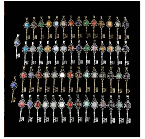 Vintage key pendant necklace with natural stones, elegant court style sweater chain jewelry wholesale.