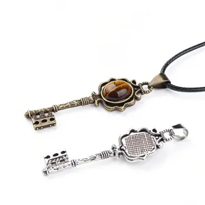 Vintage key pendant necklace set with natural stone and silver tone gothic court style