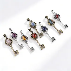 Vintage Court Style Alloy Key Pendant Crystal Inlaid Natural Stone Pendant Necklace For Women Gift Fashion Jewelry Accessories
