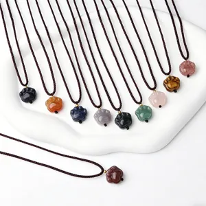 Natürlicher Edelstein Katzenpfote Anhänger Halskette geflochtene Kordel Modeschmuck neu