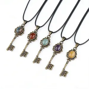 Vintage crystal key pendant necklace retro bronze natural stone gemstone jewelry sweater chain