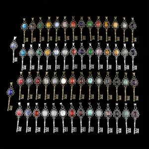 Vintage natural stone key pendant necklace retro crystal sweater chain jewelry for women