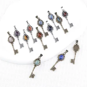 Vintage natural stone key pendant necklace retro gemstone jewelry wholesale bohemian accessories
