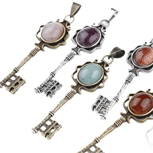 Vintage key pendant natural stone crystal necklace antique bronze silver sweater chain