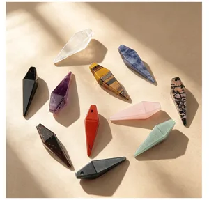Detailed view of natural crystal rhombus pendants, multi-color DIY necklace jewelry charms.