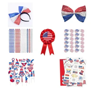 4th of July party decoration set including sequin bows, badges, glasses, and stickers.