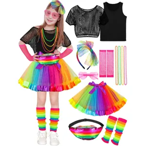 1980s retro party costume set for kids, colorful tutu skirt and accessories for events.