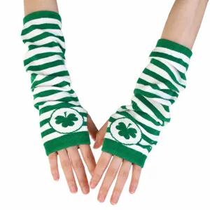 Green white striped shamrock knit arm warmers, ideal for St Patricks Day festive outfits.