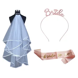 Junggesellinnenabschied Braut Set mit weißem Schleier, Kronen Haarreif und Satinschärpe.