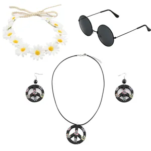 60s Hippie Party Costume Set Peace Sign Necklace Daisy Flower Crown Retro Sunglasses