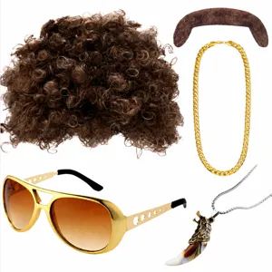70s disco party costume set includes afro wig, vintage sunglasses, gold chain and accessories.
