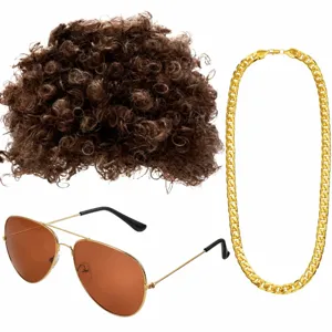 70s Party Afro Wig Gold Chain Sunglasses Set Retro Disco Costume Cosplay Photo Props