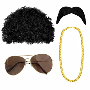 70s Disco Party Costume Accessories Set Retro Afro Wig Gold Chain Sunglasses Fake Beard Party Dress Up Props
