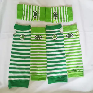Green white striped arm warmers shamrock St Patricks Day accessories knit gloves pair