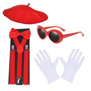 1950s retro party costume set including red beret, suspenders, round sunglasses and gloves.