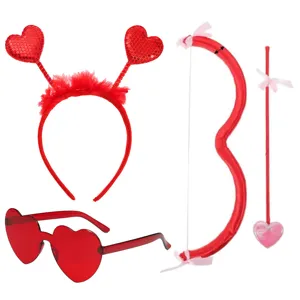 Valentine's Day photo booth props set with red heart headband glasses bow and arrow