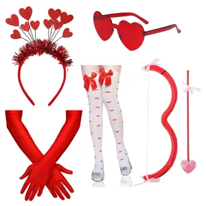 Valentine's Day party costume dress-up set including heart headband, glasses, gloves, and bow.