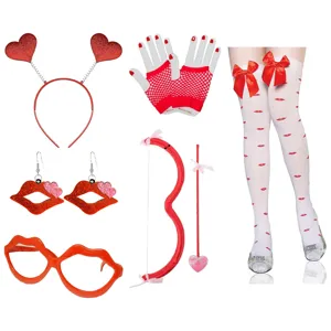 Valentine's Day party costume set featuring heart headband, fishnet gloves, lip socks.