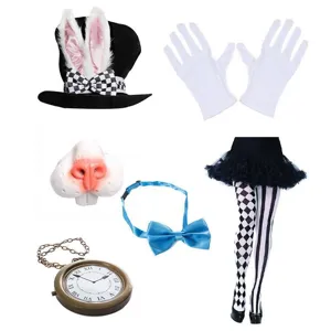 Osterhase Kostüm Set mit Zylinder, flauschigen Hasenohren, Handschuhen und Socken.